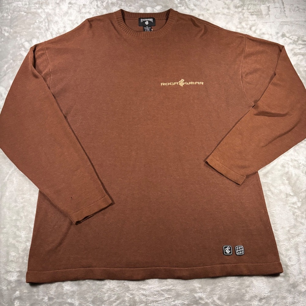 Vintage Rocawear Mens XL Brown Knit Long Sleeve Sweater Embroidered Logo Y2K
